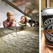 Derek Moore showing First Minister Nicola Sturgeon and East Renfrewshire MP Kirsten Oswald one of the fermentation tanks at Kelburn Brewery, left, and the brewery's Goldihops beer, right