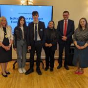 newly elected Members of the Scottish Youth Parliament with Steven Quinn, Council Leader Councillor Owen O'Donnell, Provost Mary Montague, Councillor Andrew Anderson and Councillor Katie Pragnell