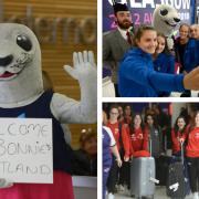 Some of the 3,000 athletes for the Glasgow European Championships, including the Icelandic gymnastics team with piper Jonny Graham and mascot Bonnie arriving at Glasgow Airport ahead of the start of the games on August 1. July 30, 2018.