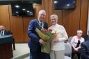 Evelyn Baxter is congratulated by East Renfrewshire Provost Jim Fletcher