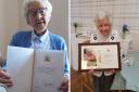Anna Lawns (left) with her birthday card from The Queen and Hannah Gebbie (right) with her telegraph on her 100th birthday