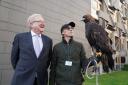 Jackson Carlaw (left) and Barry Blyther with golden eagle Stanley