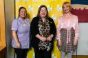 Kirsten Oswald (centre) was joined at Westminster by Marie Curie healthcare assistant Danielle Cobb (left) and actress Jane Horrocks
