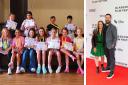 Young people with their certificates at the end of the summer workshops, left, and Annmarie Strain, right, with her Sweet Sixteen co-star Martin Compston
