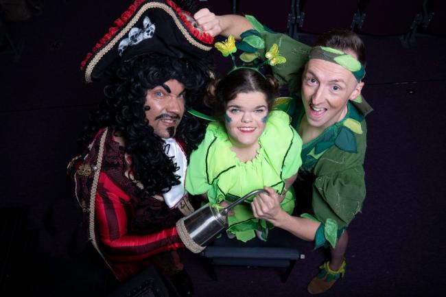 Chris De Rosa plays panto villain Captain Hook, with Abbie Purvis as Tinkerbell and Nicholas Devlin as Peter Pan