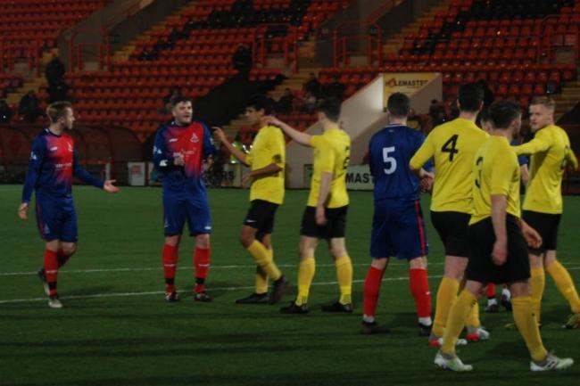 Arthurlie (wearing blue) earned a 3-2 win against Glasgow University