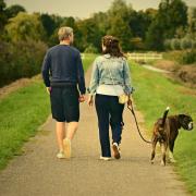 A couple walking their dog. Credit: Canva