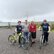 Provost Mary Montague with Andrew Gillman from Love to Ride and Whitelee countryside rangers Fiona Struth and Kate Elliot