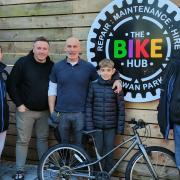 Mark Hinton (volunteer), Steven Rutherford (bike hub manager), Martin, Daniel and Andrew Jardine (volunteer mechanic)