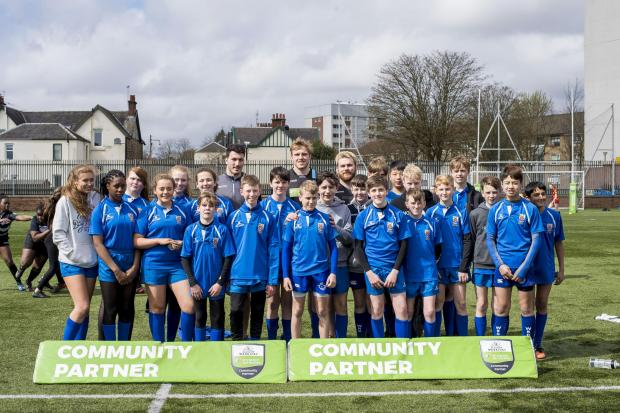 The Eastwood High pupils who took part in the SP Energy Networks Warriors Championship at Scotstoun, pictured with Glasgow Warriors players Leonardo Sarto, Jonny Gray and Darcy Rae    (All pics © Craig Watson)